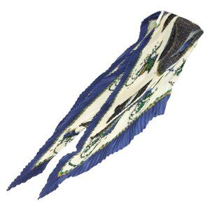 HERMES Pleated Scarf ""LES VOITURES A TRANSFORMATION"" Silk Blue Auth